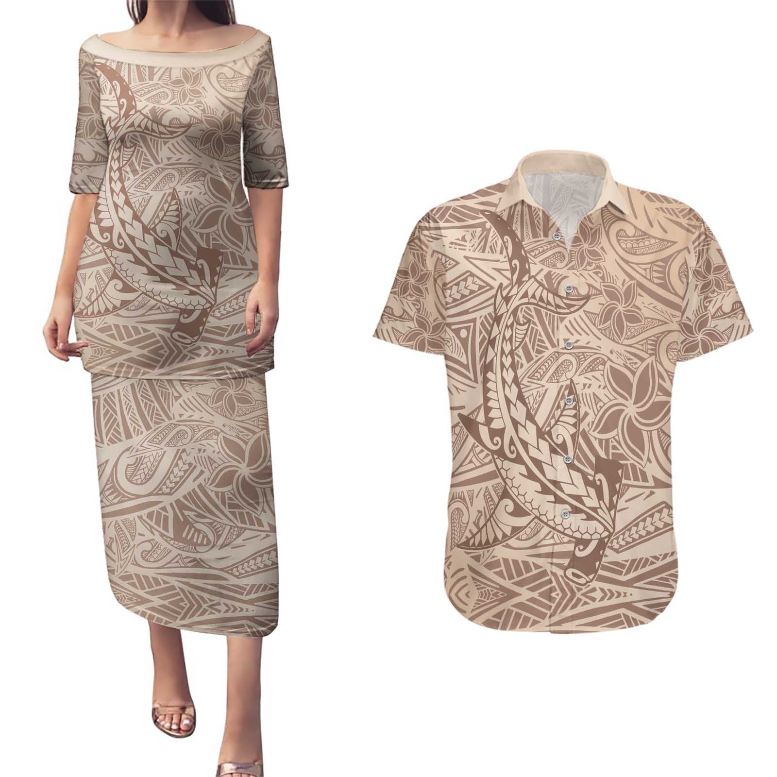 Pastel Brown Polynesia Couples Matching Puletasi and Hawaiian Shirt Hawaiian Tribal Hammerhead Shark Tattoo LT14 Pink - Polynesian Pride