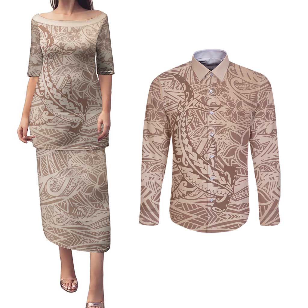 Pastel Brown Polynesia Couples Matching Puletasi and Long Sleeve Button Shirt Hawaiian Tribal Hammerhead Shark Tattoo LT14 Pastel Brown - Polynesian Pride