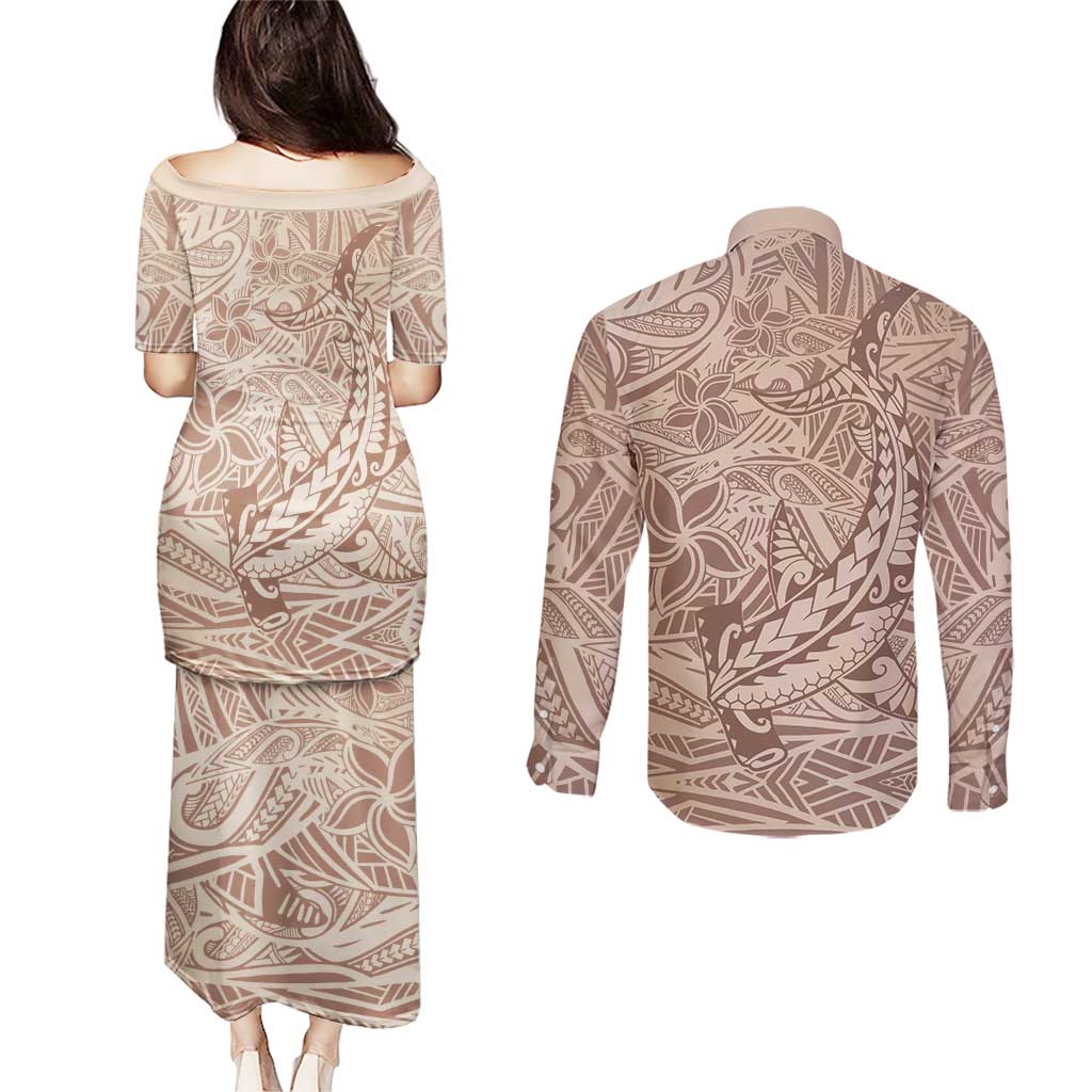 Pastel Brown Polynesia Couples Matching Puletasi and Long Sleeve Button Shirt Hawaiian Tribal Hammerhead Shark Tattoo LT14 - Polynesian Pride