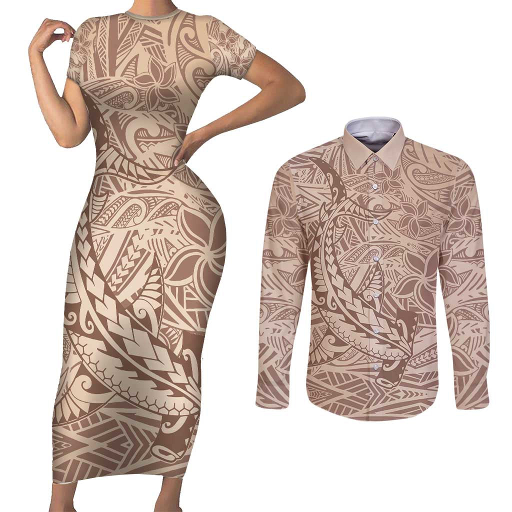 Pastel Brown Polynesia Couples Matching Short Sleeve Bodycon Dress and Long Sleeve Button Shirt Hawaiian Tribal Hammerhead Shark Tattoo LT14 Pastel Brown - Polynesian Pride