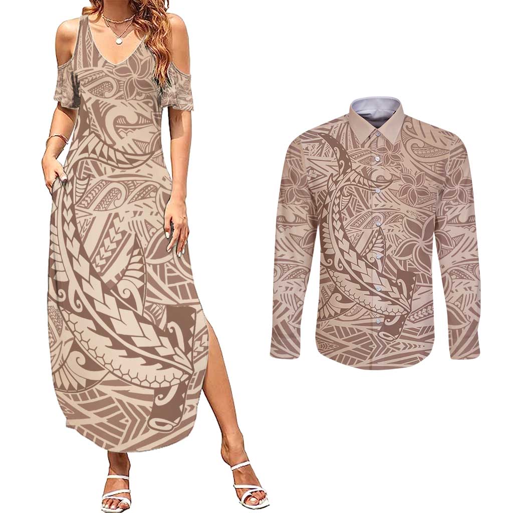 Pink Gradient Polynesia Couples Matching Summer Maxi Dress and Long Sleeve Button Shirt Hawaiian Tribal Hammerhead Shark Tattoo