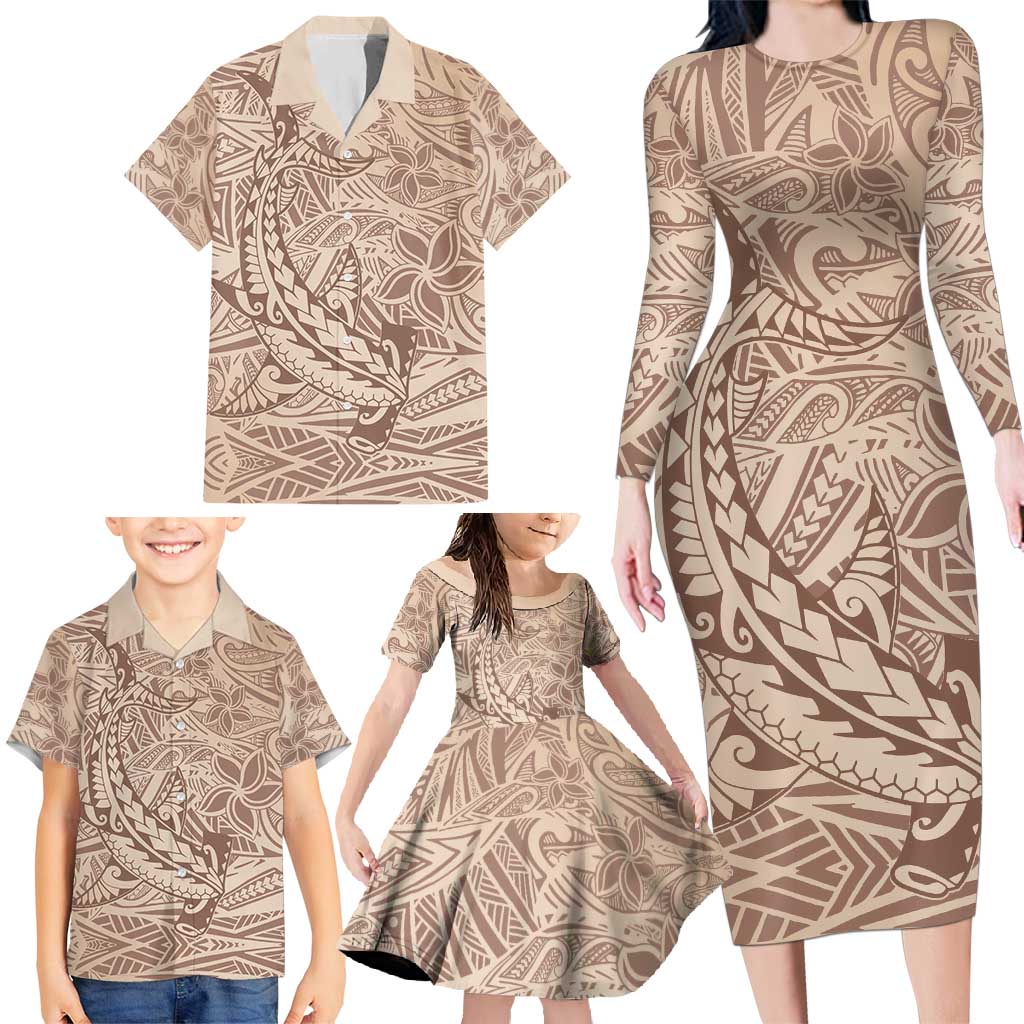 Pastel Brown Polynesia Family Matching Long Sleeve Bodycon Dress and Hawaiian Shirt Hawaiian Tribal Hammerhead Shark Tattoo LT14 - Polynesian Pride