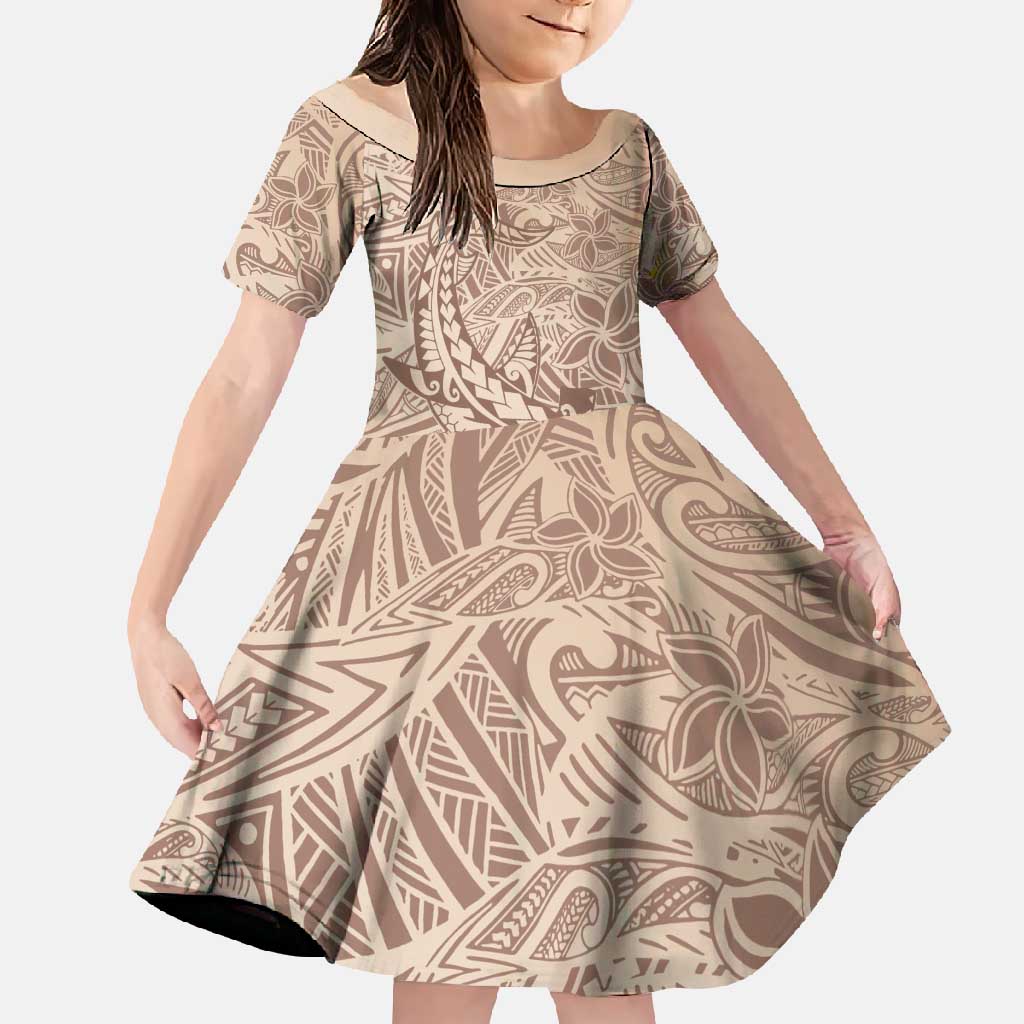 Pastel Brown Polynesia Family Matching Mermaid Dress and Hawaiian Shirt Hawaiian Tribal Hammerhead Shark Tattoo LT14 Daughter's Dress Pastel Brown - Polynesian Pride