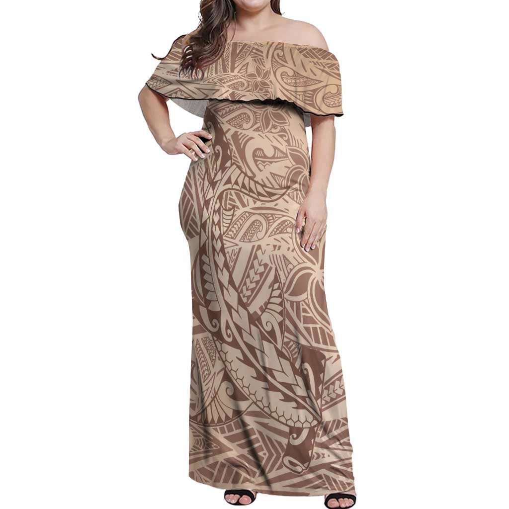 Pastel Brown Polynesia Off Shoulder Maxi Dress Hawaiian Tribal Hammerhead Shark Tattoo LT14 Women Pastel Brown - Polynesian Pride