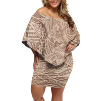 Pastel Brown Polynesia Off Shoulder Short Dress Hawaiian Tribal Hammerhead Shark Tattoo LT14 Women Pastel Brown - Polynesian Pride
