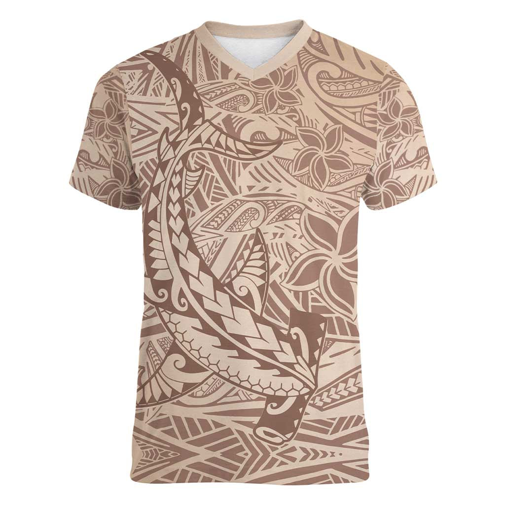 Pink Gradient Polynesia Women V-Neck T-Shirt Hawaiian Tribal Hammerhead Shark Tattoo