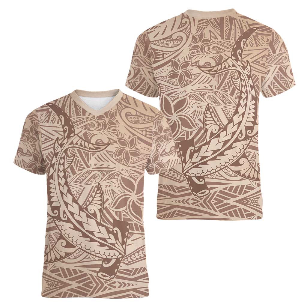 Pink Gradient Polynesia Women V-Neck T-Shirt Hawaiian Tribal Hammerhead Shark Tattoo