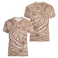 Pink Gradient Polynesia Women V-Neck T-Shirt Hawaiian Tribal Hammerhead Shark Tattoo