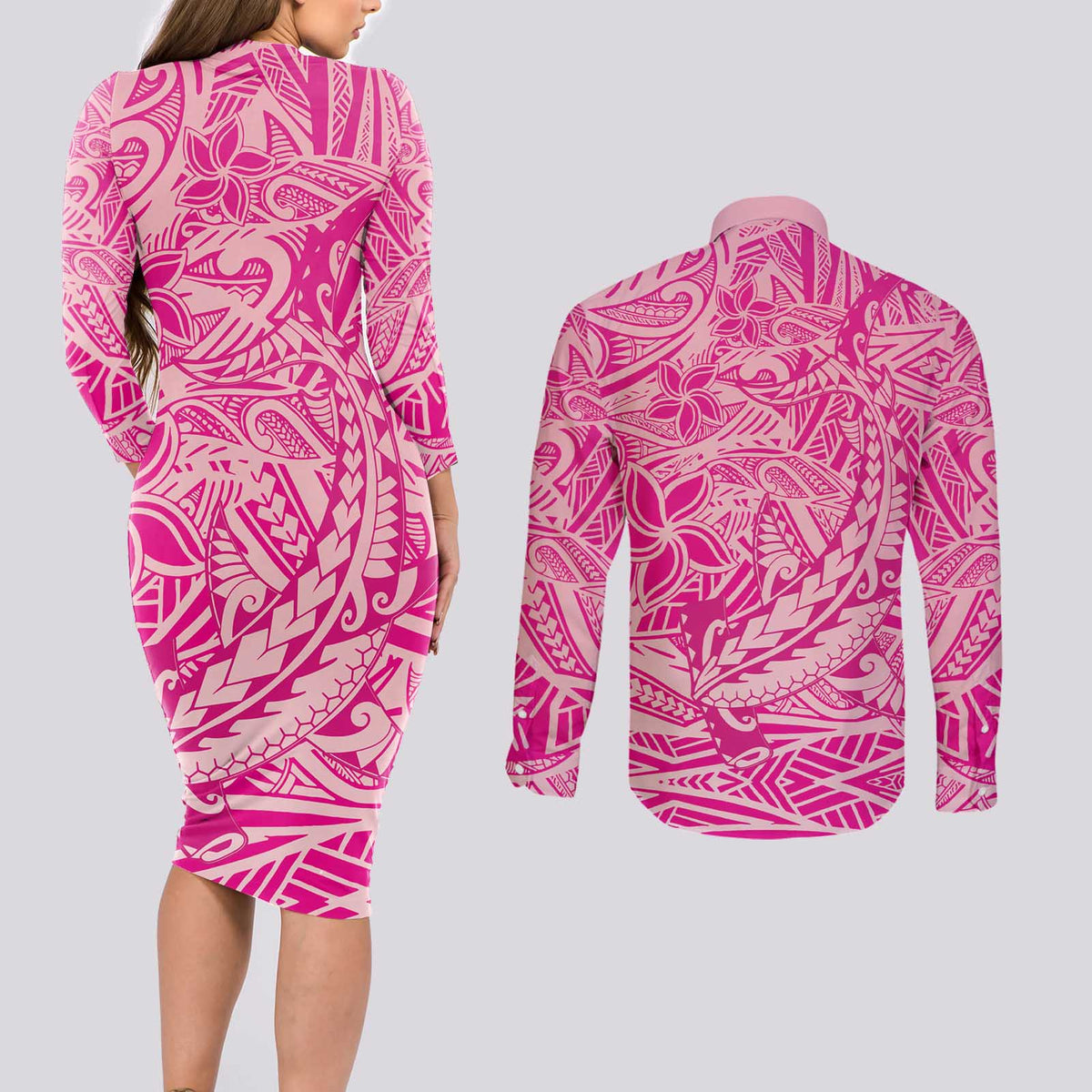 Beige Gradient Polynesia Couples Matching Long Sleeve Bodycon Dress and Long Sleeve Button Shirt Hawaiian Tribal Hammerhead Shark Tattoo LT14 - Polynesian Pride
