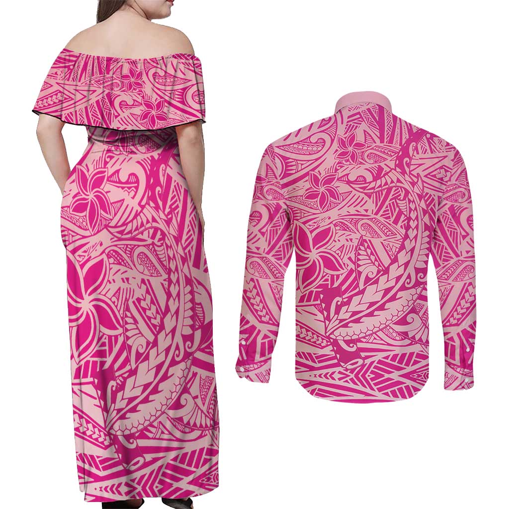 Beige Gradient Polynesia Couples Matching Off Shoulder Maxi Dress and Long Sleeve Button Shirt Hawaiian Tribal Hammerhead Shark Tattoo LT14 - Polynesian Pride