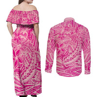 Beige Gradient Polynesia Couples Matching Off Shoulder Maxi Dress and Long Sleeve Button Shirt Hawaiian Tribal Hammerhead Shark Tattoo LT14 - Polynesian Pride