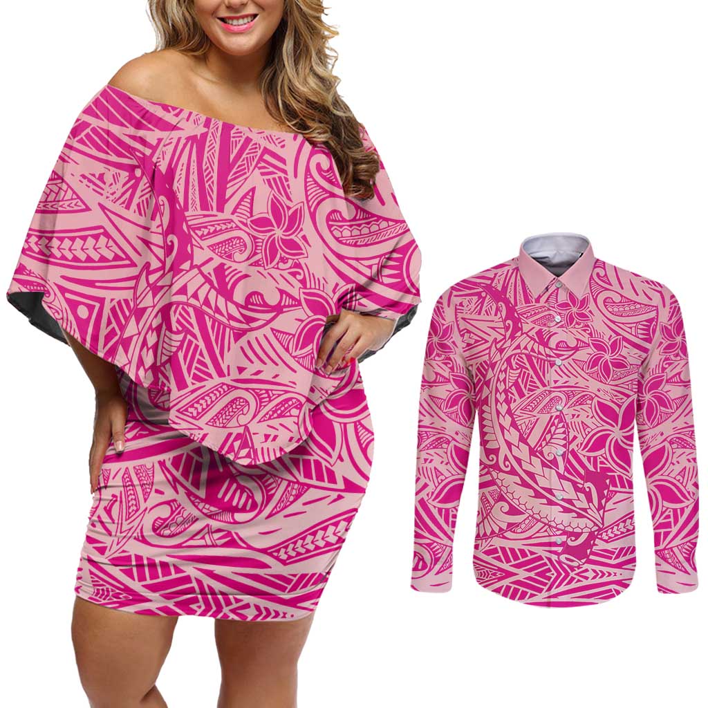 Beige Gradient Polynesia Couples Matching Off Shoulder Short Dress and Long Sleeve Button Shirt Hawaiian Tribal Hammerhead Shark Tattoo LT14 Beige - Polynesian Pride
