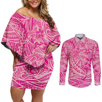 Beige Gradient Polynesia Couples Matching Off Shoulder Short Dress and Long Sleeve Button Shirt Hawaiian Tribal Hammerhead Shark Tattoo LT14 Beige - Polynesian Pride