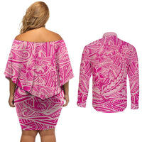Beige Gradient Polynesia Couples Matching Off Shoulder Short Dress and Long Sleeve Button Shirt Hawaiian Tribal Hammerhead Shark Tattoo LT14 - Polynesian Pride