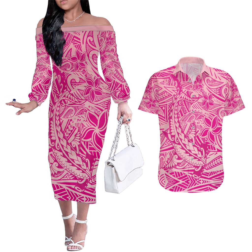 Beige Gradient Polynesia Couples Matching Off The Shoulder Long Sleeve Dress and Hawaiian Shirt Hawaiian Tribal Hammerhead Shark Tattoo LT14 Beige - Polynesian Pride