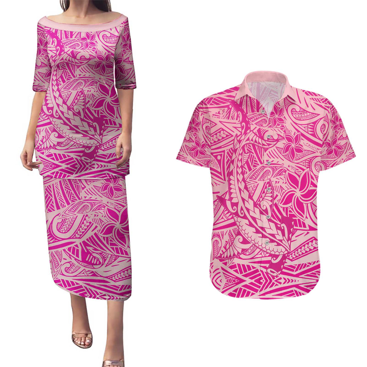 Beige Gradient Polynesia Couples Matching Puletasi and Hawaiian Shirt Hawaiian Tribal Hammerhead Shark Tattoo LT14 Beige - Polynesian Pride
