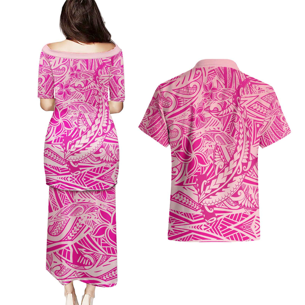 Beige Gradient Polynesia Couples Matching Puletasi and Hawaiian Shirt Hawaiian Tribal Hammerhead Shark Tattoo LT14 - Polynesian Pride