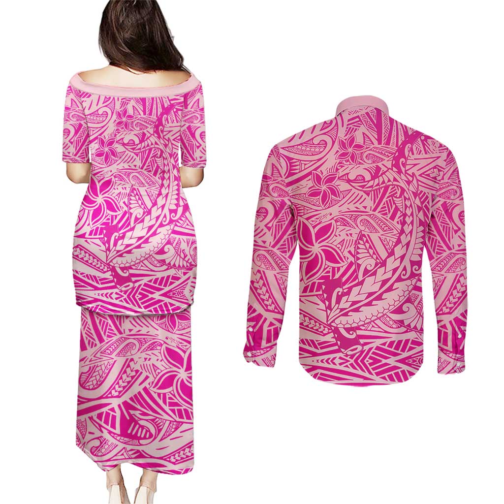 Beige Gradient Polynesia Couples Matching Puletasi and Long Sleeve Button Shirt Hawaiian Tribal Hammerhead Shark Tattoo