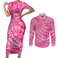Beige Gradient Polynesia Couples Matching Short Sleeve Bodycon Dress and Long Sleeve Button Shirt Hawaiian Tribal Hammerhead Shark Tattoo LT14 Beige - Polynesian Pride
