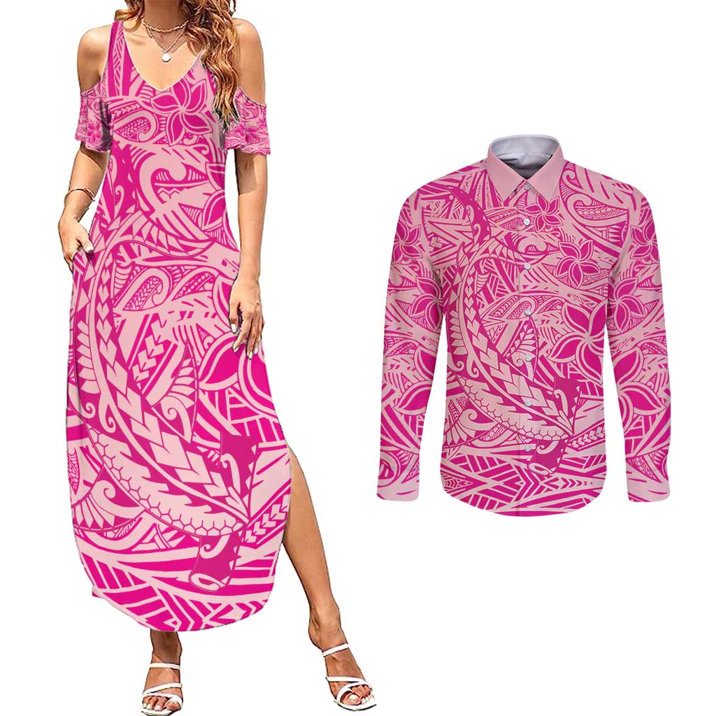 Beige Gradient Polynesia Couples Matching Summer Maxi Dress and Long Sleeve Button Shirt Hawaiian Tribal Hammerhead Shark Tattoo LT14 Beige - Polynesian Pride