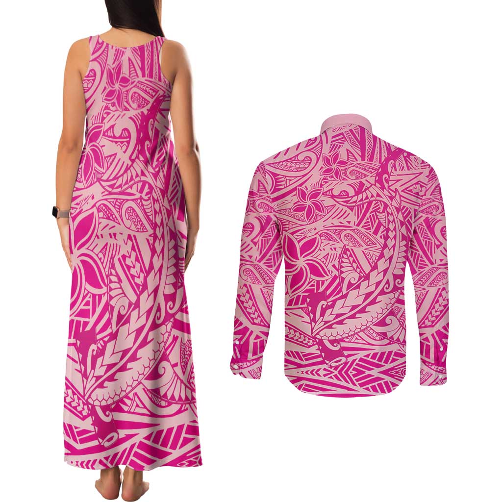 Beige Gradient Polynesia Couples Matching Tank Maxi Dress and Long Sleeve Button Shirt Hawaiian Tribal Hammerhead Shark Tattoo LT14 - Polynesian Pride