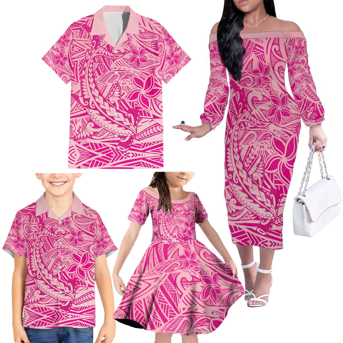 Beige Gradient Polynesia Family Matching Off The Shoulder Long Sleeve Dress and Hawaiian Shirt Hawaiian Tribal Hammerhead Shark Tattoo