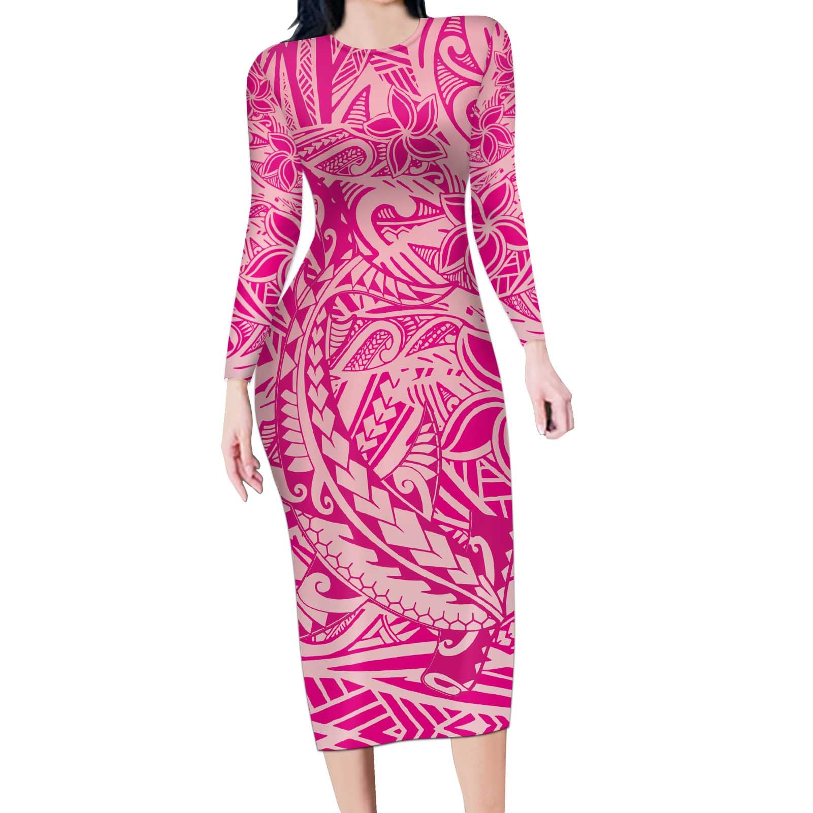 Beige Gradient Polynesia Long Sleeve Bodycon Dress Hawaiian Tribal Hammerhead Shark Tattoo