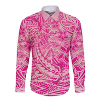 Beige Gradient Polynesia Long Sleeve Button Shirt Hawaiian Tribal Hammerhead Shark Tattoo