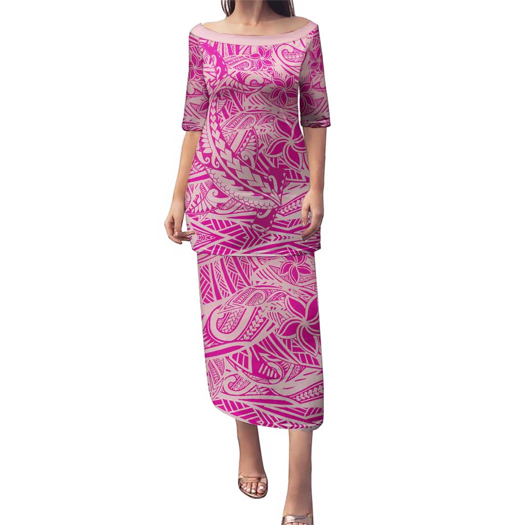Beige Gradient Polynesia Puletasi Hawaiian Tribal Hammerhead Shark Tattoo LT14 Long Dress Beige - Polynesian Pride