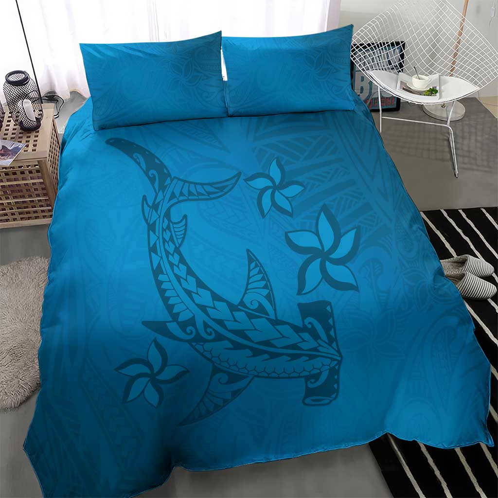 Blue Gradient Polynesia Bedding Set Hawaiian Tribal Hammerhead Shark Tattoo