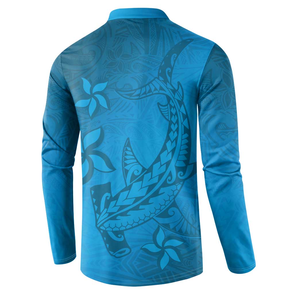 Blue Gradient Polynesia Button Sweatshirt Hawaiian Tribal Hammerhead Shark Tattoo LT14 - Polynesian Pride