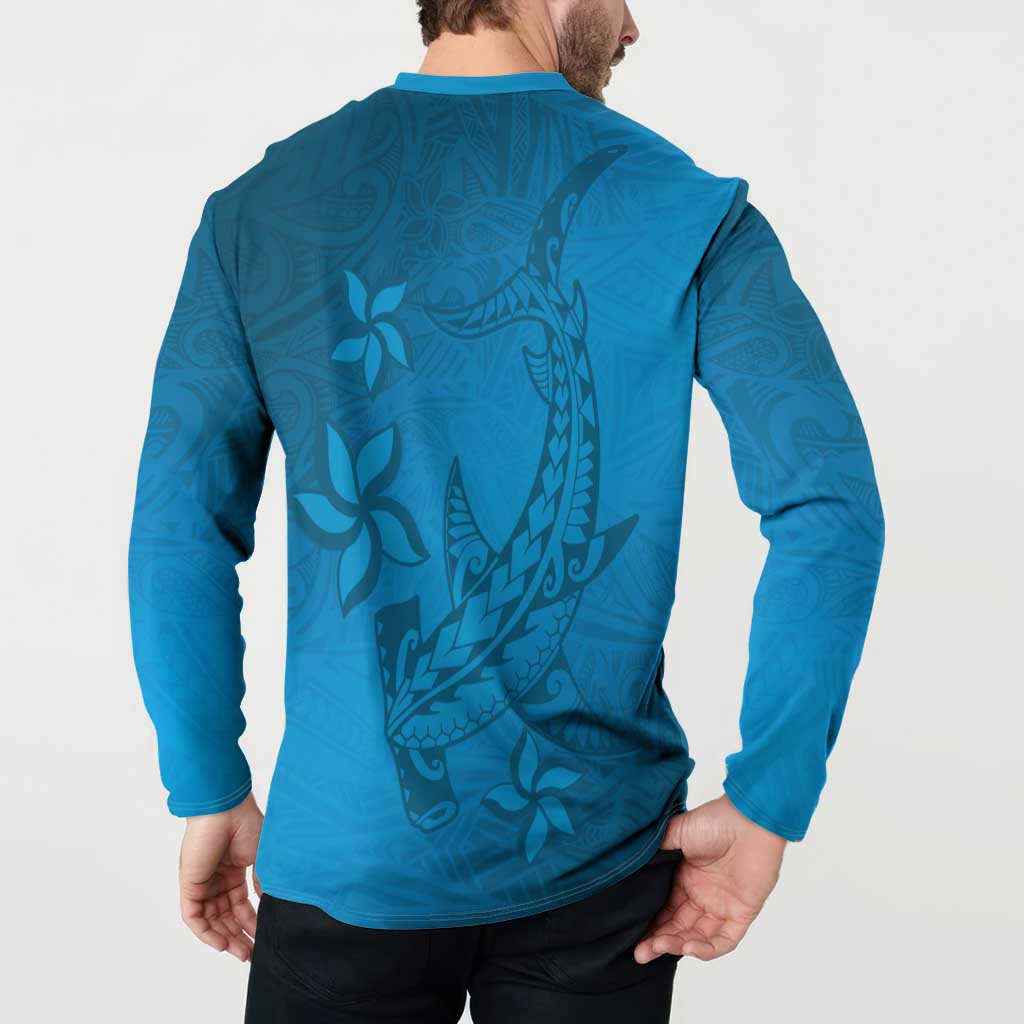 Blue Gradient Polynesia Button Sweatshirt Hawaiian Tribal Hammerhead Shark Tattoo LT14 - Polynesian Pride
