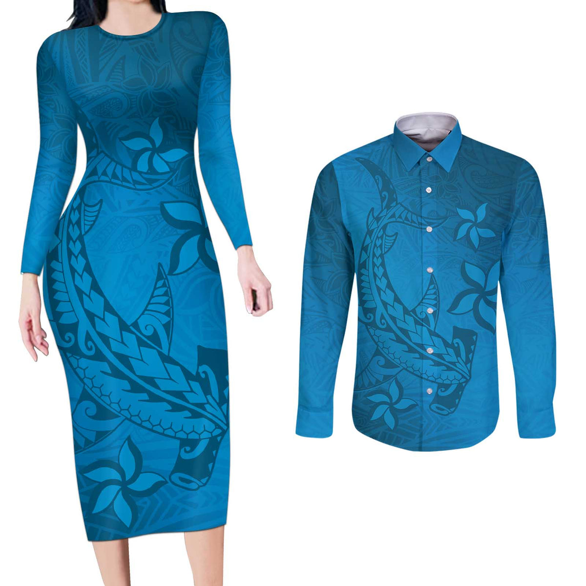 Blue Gradient Polynesia Couples Matching Long Sleeve Bodycon Dress and Long Sleeve Button Shirt Hawaiian Tribal Hammerhead Shark Tattoo LT14 Blue - Polynesian Pride