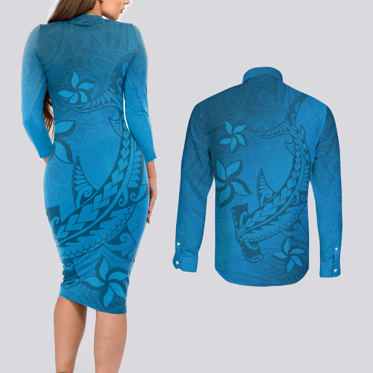 Blue Gradient Polynesia Couples Matching Long Sleeve Bodycon Dress and Long Sleeve Button Shirt Hawaiian Tribal Hammerhead Shark Tattoo LT14 - Polynesian Pride