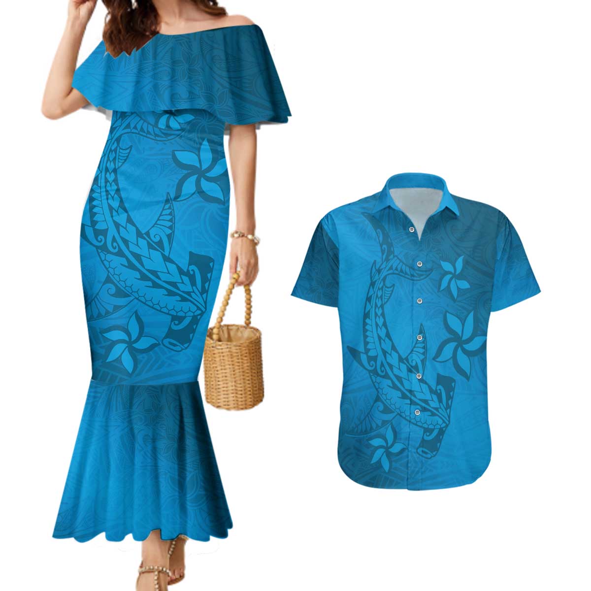 Blue Gradient Polynesia Couples Matching Mermaid Dress and Hawaiian Shirt Hawaiian Tribal Hammerhead Shark Tattoo