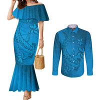 Blue Gradient Polynesia Couples Matching Mermaid Dress and Long Sleeve Button Shirt Hawaiian Tribal Hammerhead Shark Tattoo LT14 Blue - Polynesian Pride