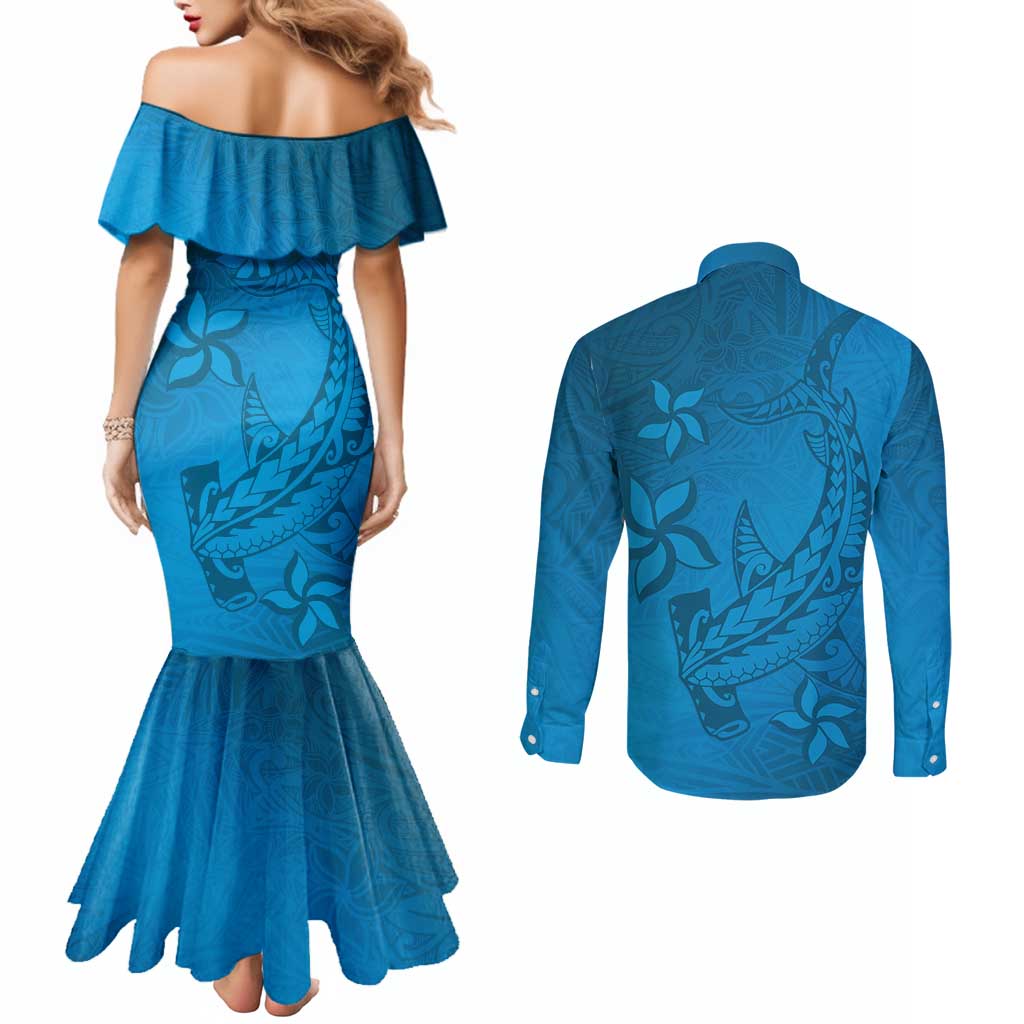 Blue Gradient Polynesia Couples Matching Mermaid Dress and Long Sleeve Button Shirt Hawaiian Tribal Hammerhead Shark Tattoo LT14 - Polynesian Pride