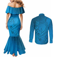 Blue Gradient Polynesia Couples Matching Mermaid Dress and Long Sleeve Button Shirt Hawaiian Tribal Hammerhead Shark Tattoo LT14 - Polynesian Pride