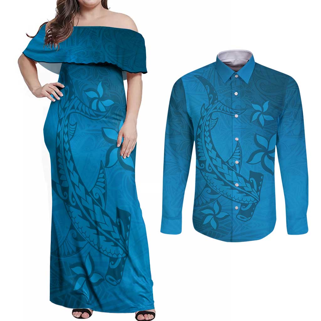 Blue Gradient Polynesia Couples Matching Off Shoulder Maxi Dress and Long Sleeve Button Shirt Hawaiian Tribal Hammerhead Shark Tattoo LT14 Blue - Polynesian Pride