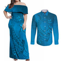 Blue Gradient Polynesia Couples Matching Off Shoulder Maxi Dress and Long Sleeve Button Shirt Hawaiian Tribal Hammerhead Shark Tattoo LT14 Blue - Polynesian Pride