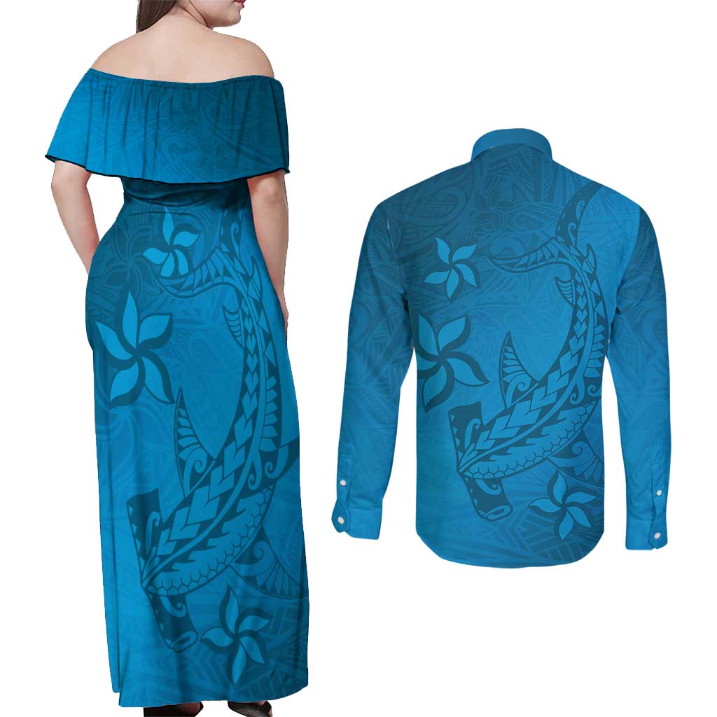 Blue Gradient Polynesia Couples Matching Off Shoulder Maxi Dress and Long Sleeve Button Shirt Hawaiian Tribal Hammerhead Shark Tattoo LT14 - Polynesian Pride