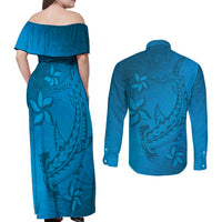 Blue Gradient Polynesia Couples Matching Off Shoulder Maxi Dress and Long Sleeve Button Shirt Hawaiian Tribal Hammerhead Shark Tattoo LT14 - Polynesian Pride