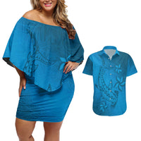 Blue Gradient Polynesia Couples Matching Off Shoulder Short Dress and Hawaiian Shirt Hawaiian Tribal Hammerhead Shark Tattoo LT14 Blue - Polynesian Pride