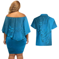 Blue Gradient Polynesia Couples Matching Off Shoulder Short Dress and Hawaiian Shirt Hawaiian Tribal Hammerhead Shark Tattoo LT14 - Polynesian Pride