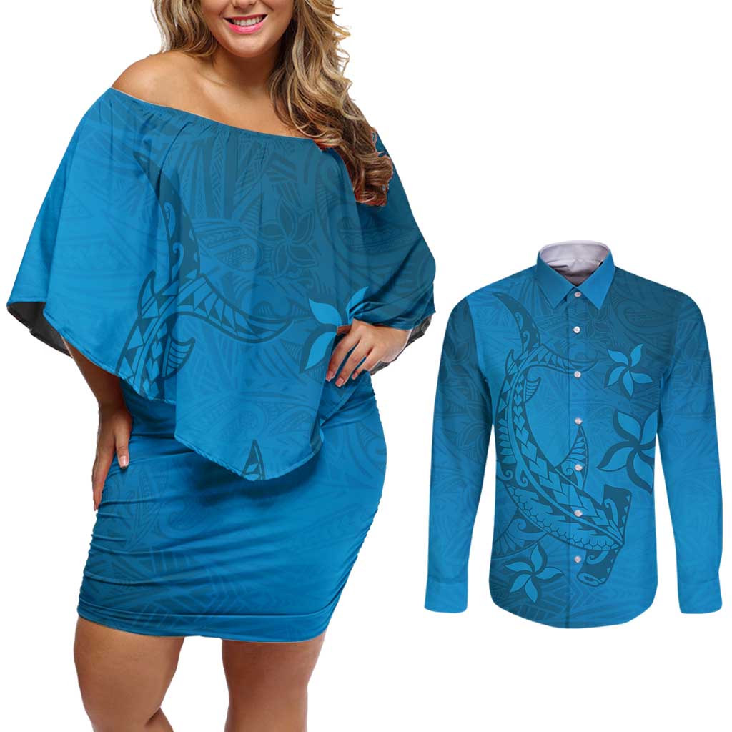 Blue Gradient Polynesia Couples Matching Off Shoulder Short Dress and Long Sleeve Button Shirt Hawaiian Tribal Hammerhead Shark Tattoo LT14 Blue - Polynesian Pride