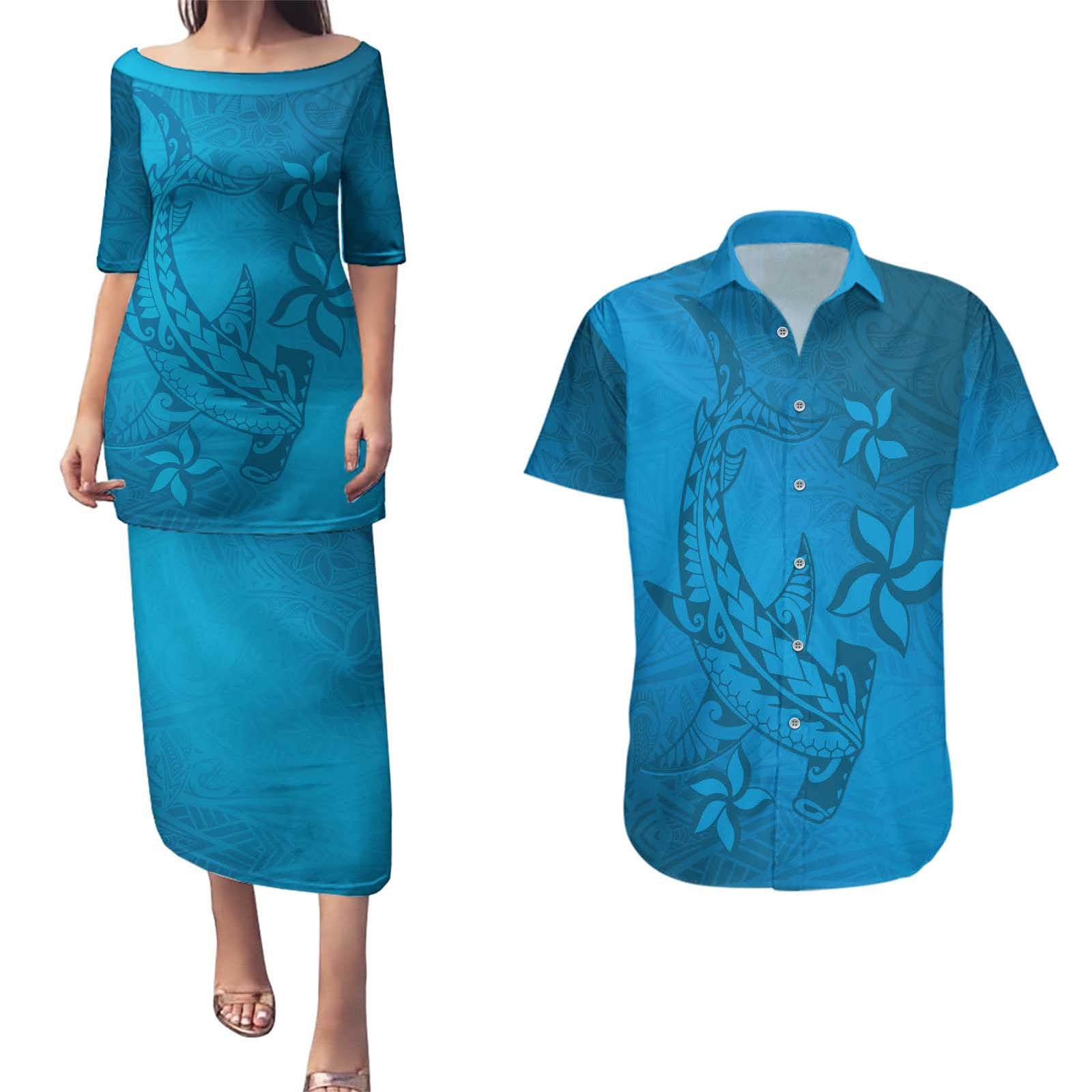 Blue Gradient Polynesia Couples Matching Puletasi and Hawaiian Shirt Hawaiian Tribal Hammerhead Shark Tattoo LT14 Blue - Polynesian Pride