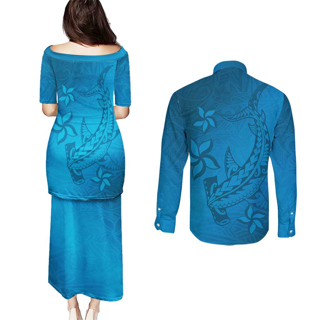 Blue Gradient Polynesia Couples Matching Puletasi and Long Sleeve Button Shirt Hawaiian Tribal Hammerhead Shark Tattoo LT14 - Polynesian Pride