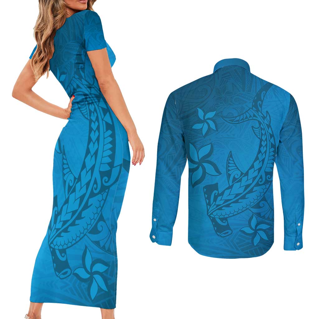 Blue Gradient Polynesia Couples Matching Short Sleeve Bodycon Dress and Long Sleeve Button Shirt Hawaiian Tribal Hammerhead Shark Tattoo LT14 - Polynesian Pride