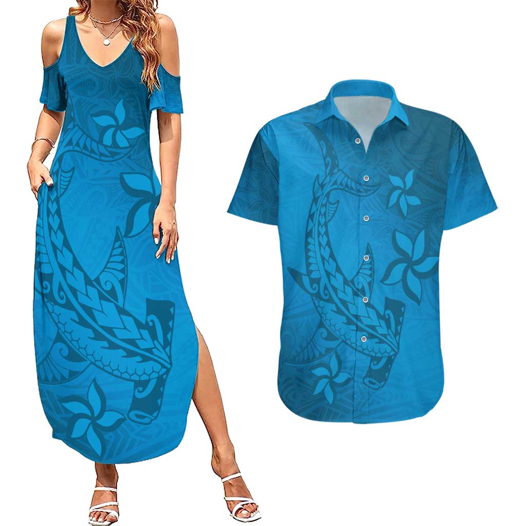 Blue Gradient Polynesia Couples Matching Summer Maxi Dress and Hawaiian Shirt Hawaiian Tribal Hammerhead Shark Tattoo LT14 Blue - Polynesian Pride
