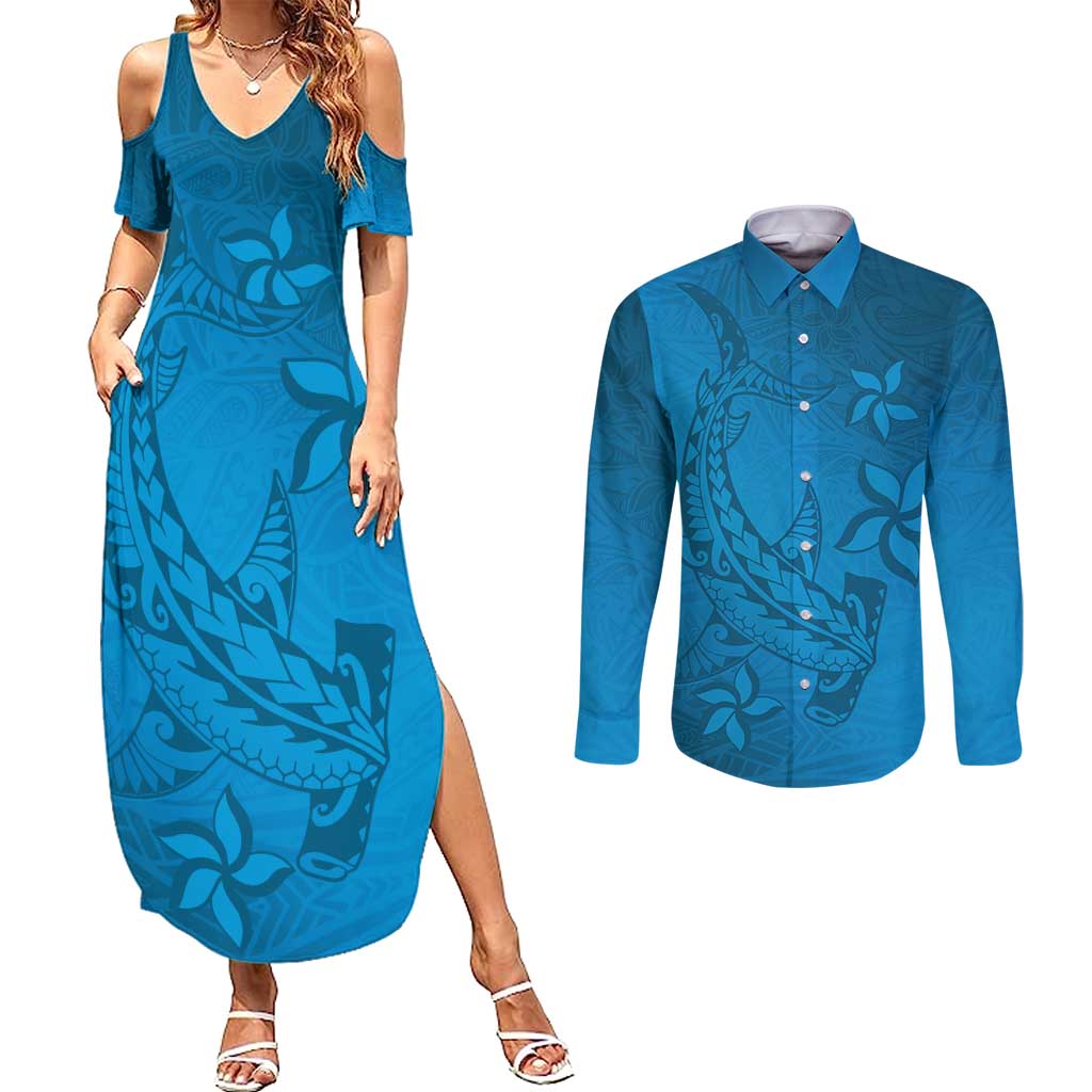 Blue Gradient Polynesia Couples Matching Summer Maxi Dress and Long Sleeve Button Shirt Hawaiian Tribal Hammerhead Shark Tattoo LT14 Blue - Polynesian Pride